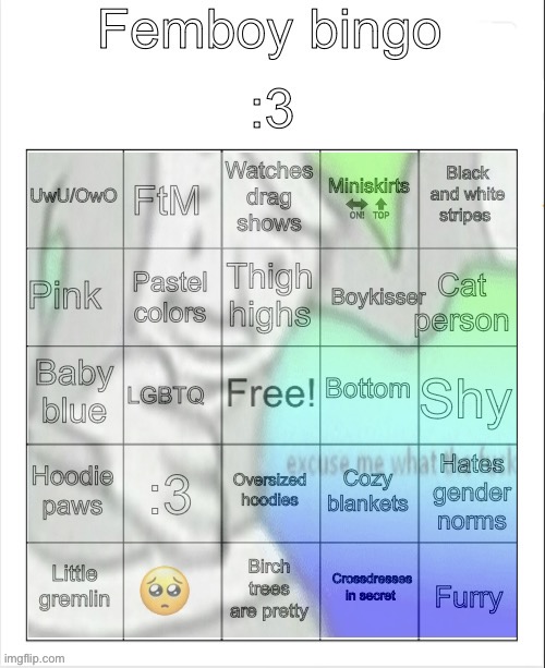 Femboy bingo | image tagged in femboy bingo,wut da hell,oh ma god,no wayeeayy | made w/ Imgflip meme maker