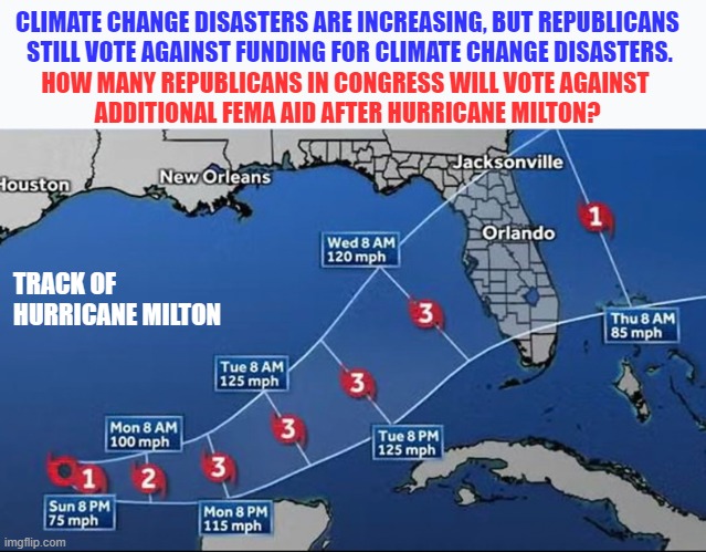 100 Republicans in Congress voted against an additional $20 billion for FEMA disaster aid funding before Hurricane Helene. | CLIMATE CHANGE DISASTERS ARE INCREASING, BUT REPUBLICANS 
STILL VOTE AGAINST FUNDING FOR CLIMATE CHANGE DISASTERS. HOW MANY REPUBLICANS IN CONGRESS WILL VOTE AGAINST 
ADDITIONAL FEMA AID AFTER HURRICANE MILTON? TRACK OF 
HURRICANE MILTON | image tagged in republicans,fema,hurricanes,climate change,disaster,florida | made w/ Imgflip meme maker