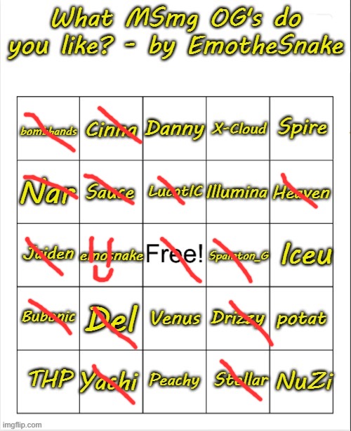 What MSmg OG's do you like? - bingo by EmotheSnake | image tagged in what msmg og's do you like - bingo by emothesnake | made w/ Imgflip meme maker