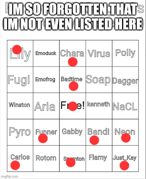 Forgotten MSmg OGs Bingo | IM SO FORGOTTEN THAT IM NOT EVEN LISTED HERE | image tagged in forgotten msmg ogs bingo | made w/ Imgflip meme maker