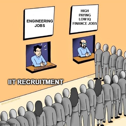 true | ENGINEERING JOBS; HIGH PAYING LOW IQ FINANCE JOBS; IIT RECRUITMENT | image tagged in funny,lol,memes,funny memes,lol so funny | made w/ Imgflip meme maker