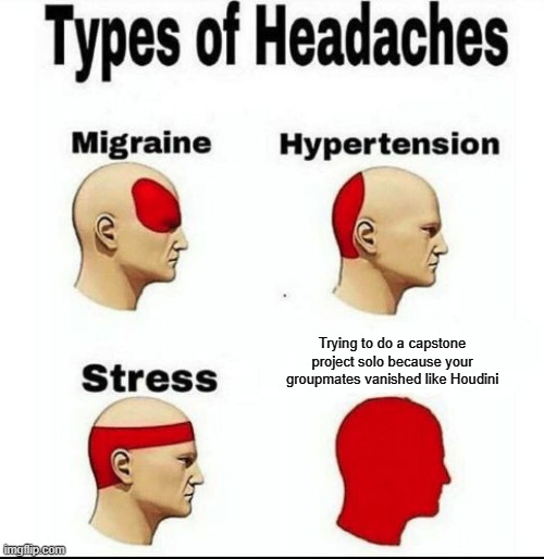 capstone meme | Trying to do a capstone project solo because your groupmates vanished like Houdini | image tagged in types of headaches meme | made w/ Imgflip meme maker