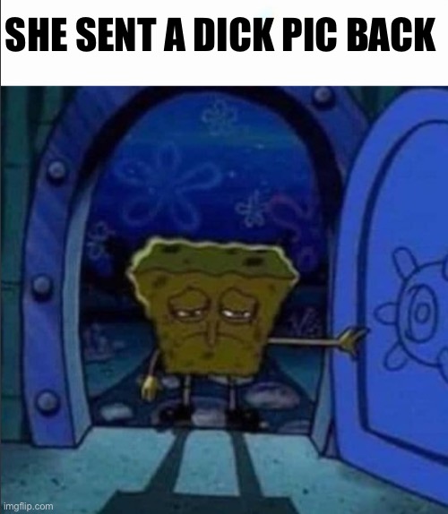 SpongeBob walking out of the door | SHE SENT A DICK PIC BACK | image tagged in spongebob walking out of the door | made w/ Imgflip meme maker