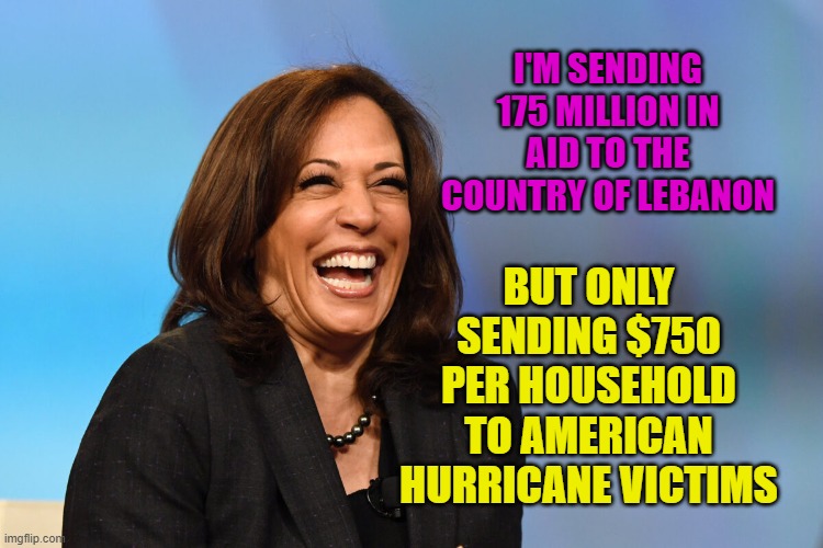 Kamala Harris laughing | BUT ONLY SENDING $750 PER HOUSEHOLD TO AMERICAN HURRICANE VICTIMS; I'M SENDING 175 MILLION IN AID TO THE COUNTRY OF LEBANON | image tagged in kamala harris laughing | made w/ Imgflip meme maker