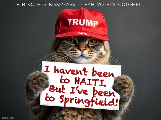 And I haven’t been to Europe, either | FJB  VOTERS  KISSMYASS  —  FKH  VOTERS  GOTOHELL; Marko; I haven’t been  
to HAITI.
But I’ve been
to Springfield! | image tagged in trump cat,u either love usa or vote fkh,dems r remarkably ignorant n delusional,harris voters r cockroaches,fjb fkh | made w/ Imgflip meme maker