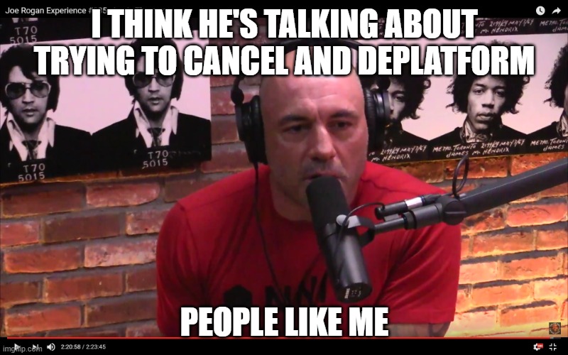 Joe Rogan | I THINK HE'S TALKING ABOUT TRYING TO CANCEL AND DEPLATFORM PEOPLE LIKE ME | image tagged in joe rogan | made w/ Imgflip meme maker