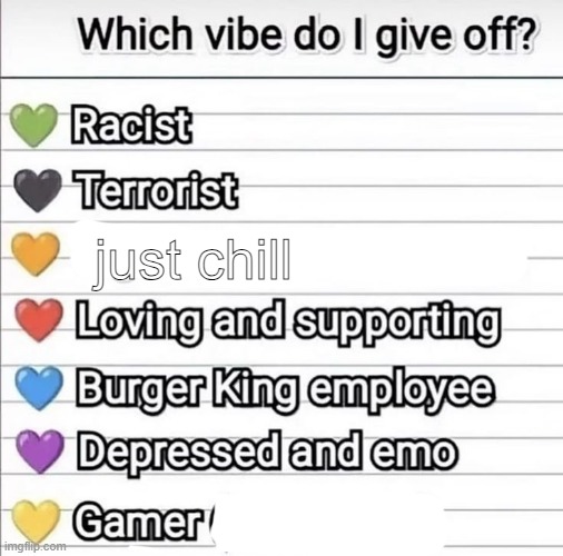 what vibe do i give off | just chill | image tagged in what vibe do i give off | made w/ Imgflip meme maker