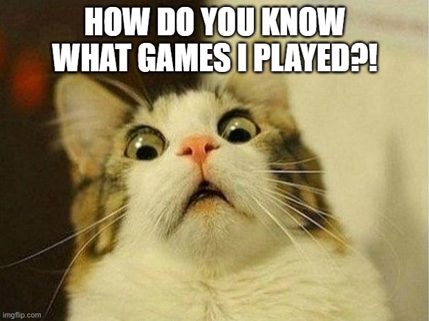 HOW DO YOU KNOW WHAT GAMES I PLAYED?! | image tagged in memes,scared cat | made w/ Imgflip meme maker