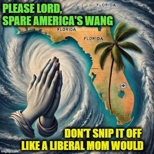 PLEASE LORD,
SPARE AMERICA'S WANG; DON'T SNIP IT OFF 
LIKE A LIBERAL MOM WOULD | image tagged in trans,fl,hurricane,liberals | made w/ Imgflip meme maker