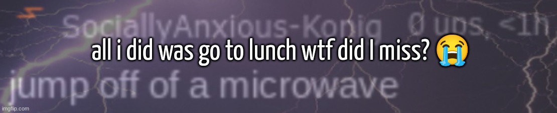 SAK lowtiergod | all i did was go to lunch wtf did I miss? 😭 | image tagged in sak lowtiergod | made w/ Imgflip meme maker