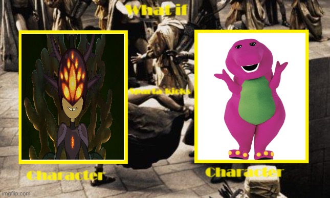 What if Darcy Sparta kicks Barney? | image tagged in what if character sparta-kicks character meme,amphibia,barney the dinosaur,300,this is sparta | made w/ Imgflip meme maker