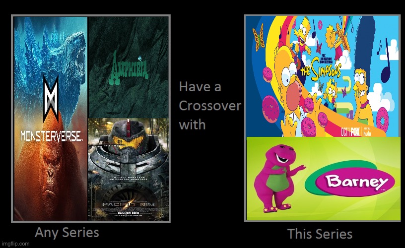 What if Amphibia, Monsterverse, Pacific Rim, The Simpsons, and Barney have a big crossover? | image tagged in what if this series had a crossover with that series,amphibia,the simpsons,godzilla,pacific rim,barney the dinosaur | made w/ Imgflip meme maker