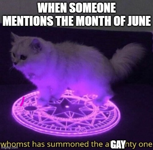 i can't wait for pride monh | WHEN SOMEONE MENTIONS THE MONTH OF JUNE; GAY | image tagged in whomst has summoned the almighty one,cat | made w/ Imgflip meme maker