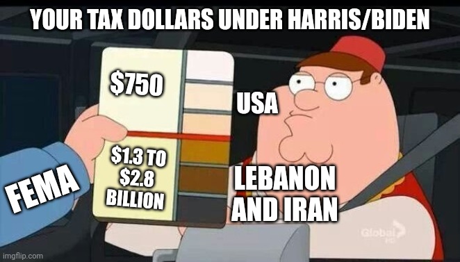 Fema helps others, not victims | YOUR TAX DOLLARS UNDER HARRIS/BIDEN; $750; USA; $1.3 TO
$2.8
BILLION; LEBANON
AND IRAN; FEMA | image tagged in peter griffin skin color chart race terrorist blank,leftists,liberals,democrats,harris | made w/ Imgflip meme maker