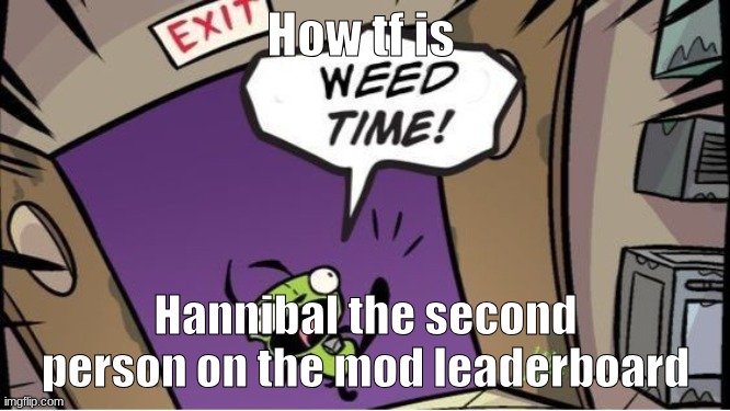 weed time | How tf is; Hannibal the second person on the mod leaderboard | image tagged in weed time | made w/ Imgflip meme maker