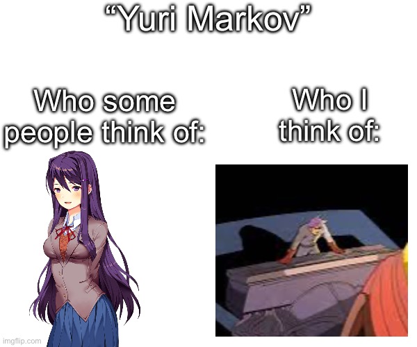 Iron meat character btw | “Yuri Markov”; Who some people think of:; Who I think of: | image tagged in ddlc,iron meat,yuri markov | made w/ Imgflip meme maker