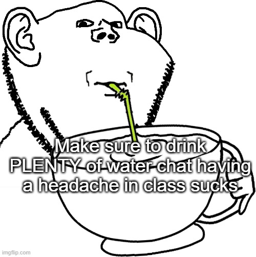 Impjak Sipping Large Cup With Straw | Make sure to drink PLENTY of water chat having a headache in class sucks | image tagged in impjak sipping large cup with straw | made w/ Imgflip meme maker