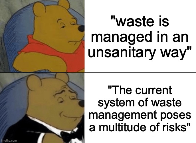 Editing academic writing | "waste is managed in an unsanitary way"; "The current system of waste management poses a multitude of risks" | image tagged in memes,tuxedo winnie the pooh | made w/ Imgflip meme maker