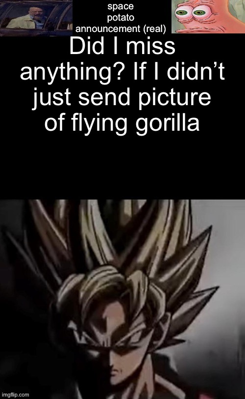 . | Did I miss anything? If I didn’t just send picture of flying gorilla | image tagged in space potato template fixed | made w/ Imgflip meme maker