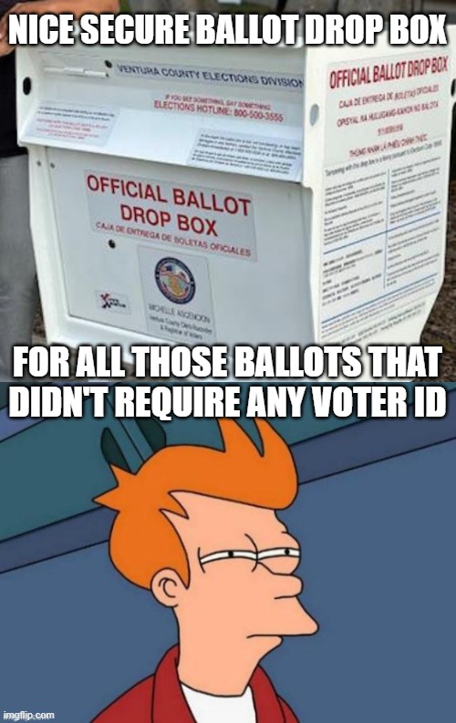 No Voter ID = Cheat | NICE SECURE BALLOT DROP BOX; FOR ALL THOSE BALLOTS THAT DIDN'T REQUIRE ANY VOTER ID | image tagged in fry is not sure | made w/ Imgflip meme maker