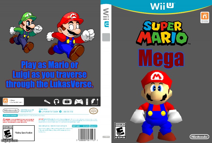 Mega Improvement | Mega; Play as Mario or Luigi as you traverse through the LukasVerse. | image tagged in wii u empty cartridge | made w/ Imgflip meme maker