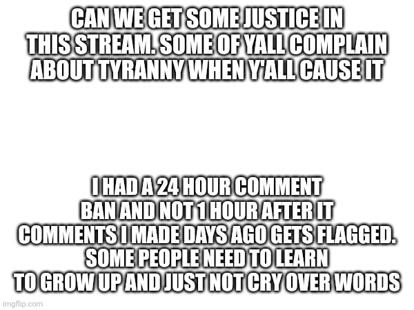 Grow up ? | CAN WE GET SOME JUSTICE IN THIS STREAM. SOME OF YALL COMPLAIN ABOUT TYRANNY WHEN Y'ALL CAUSE IT; I HAD A 24 HOUR COMMENT BAN AND NOT 1 HOUR AFTER IT COMMENTS I MADE DAYS AGO GETS FLAGGED. SOME PEOPLE NEED TO LEARN TO GROW UP AND JUST NOT CRY OVER WORDS | image tagged in loser | made w/ Imgflip meme maker