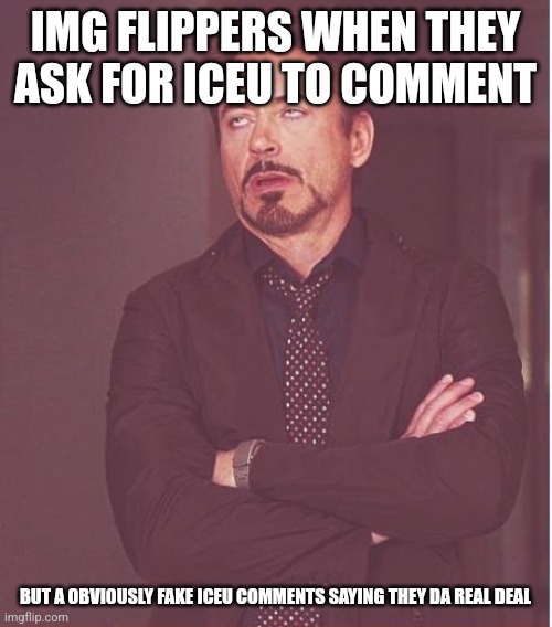 True | IMG FLIPPERS WHEN THEY ASK FOR ICEU TO COMMENT; BUT A OBVIOUSLY FAKE ICEU COMMENTS SAYING THEY DA REAL DEAL | image tagged in memes,face you make robert downey jr | made w/ Imgflip meme maker