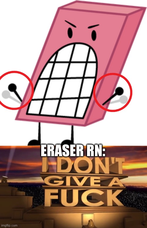 (Teardrop: The same applies to every other contestant when they flutter their arms.) | ERASER RN: | image tagged in bfdi eraser,i don t give a f ck | made w/ Imgflip meme maker