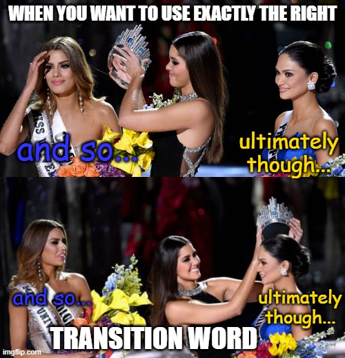 Pia Transfer | WHEN YOU WANT TO USE EXACTLY THE RIGHT; ultimately though... and so... and so... ultimately though... TRANSITION WORD | image tagged in english teachers,grammar | made w/ Imgflip meme maker