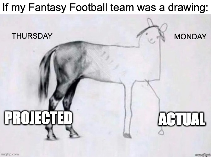 Fantasy Fail | If my Fantasy Football team was a drawing:; THURSDAY; MONDAY; PROJECTED; ACTUAL | image tagged in horse drawing,fantasy football,football | made w/ Imgflip meme maker