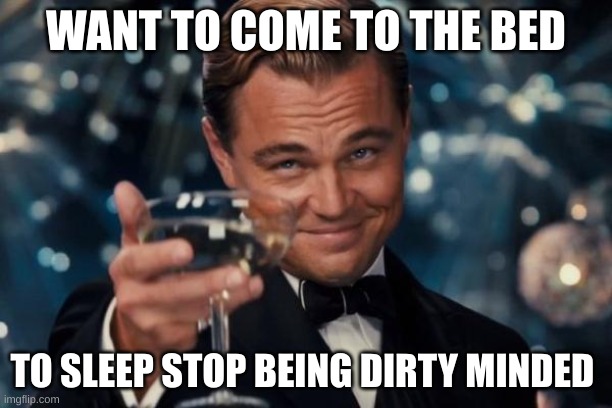 Leonardo Dicaprio Cheers | WANT TO COME TO THE BED; TO SLEEP STOP BEING DIRTY MINDED | image tagged in memes,leonardo dicaprio cheers | made w/ Imgflip meme maker