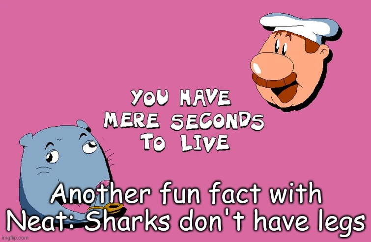 You have mere seconds to live | Another fun fact with Neat: Sharks don't have legs | image tagged in you have mere seconds to live | made w/ Imgflip meme maker