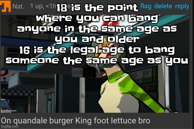 So in order to lose your virginity to another person the same exact age as you you have to be atleast 16 | 18 is the point where you can bang anyone in the same age as you and older
16 is the legal age to bang someone the same age as you | image tagged in on quandale burger king foot lettuce bro | made w/ Imgflip meme maker