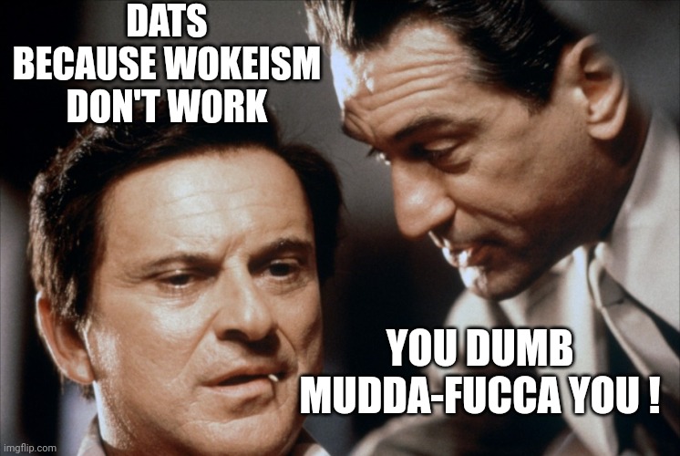 Pesci and De Niro Goodfellas | DATS BECAUSE WOKEISM DON'T WORK YOU DUMB MUDDA-FUCCA YOU ! | image tagged in pesci and de niro goodfellas | made w/ Imgflip meme maker