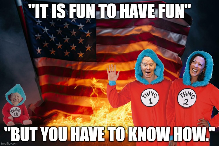 Thing 1 and Thing 2 are at it still, while Thing 2b waits to see! | "IT IS FUN TO HAVE FUN"; "BUT YOU HAVE TO KNOW HOW." | image tagged in kamala harris,tim walz,joe biden,thing 1 and thing 2,dr suess | made w/ Imgflip meme maker