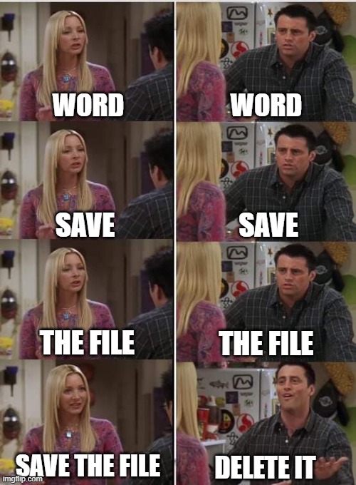 Microsoft 365 Word Bug | WORD; WORD; SAVE; SAVE; THE FILE; THE FILE; SAVE THE FILE; DELETE IT | image tagged in phoebe joey | made w/ Imgflip meme maker