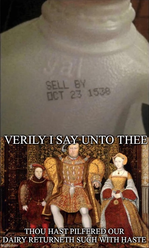 1538 milk | VERILY I SAY UNTO THEE; THOU HAST PILFERED OUR DAIRY RETURNETH SUCH WITH HASTE | image tagged in henry viii and edward,stolen,milk | made w/ Imgflip meme maker