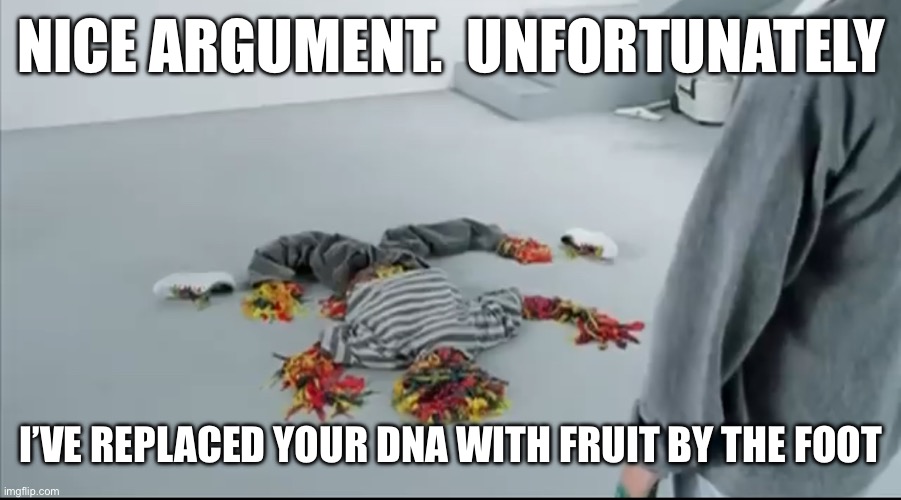 NICE ARGUMENT.  UNFORTUNATELY; I’VE REPLACED YOUR DNA WITH FRUIT BY THE FOOT | made w/ Imgflip meme maker