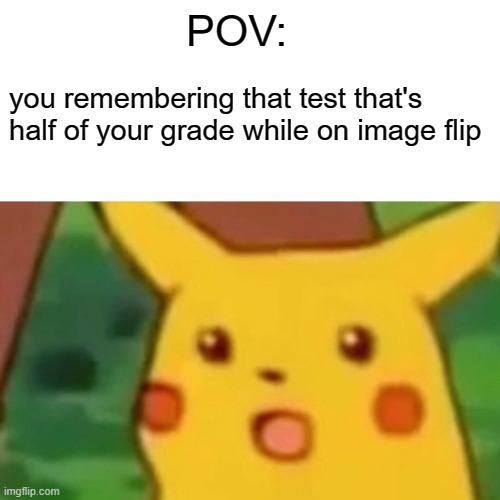 Surprised Pikachu Meme | POV:; you remembering that test that's half of your grade while on image flip | image tagged in memes,surprised pikachu,tests,school,sadness,pain | made w/ Imgflip meme maker