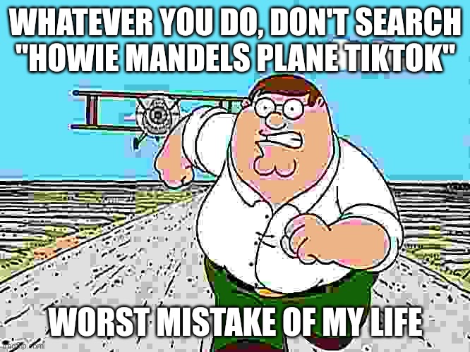 HOWIE ALMOST NAKED ANIMALS | WHATEVER YOU DO, DON'T SEARCH "HOWIE MANDELS PLANE TIKTOK"; WORST MISTAKE OF MY LIFE | image tagged in peter griffin running away | made w/ Imgflip meme maker