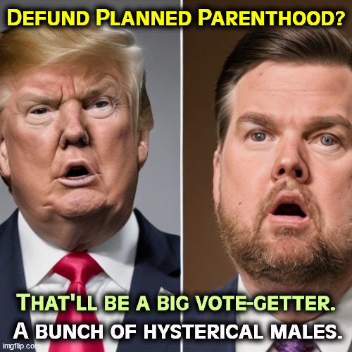 Defund Planned Parenthood? That'll be a big vote-getter. A bunch of hysterical males. | image tagged in trump,j d vance,planned parenthood,idiots | made w/ Imgflip meme maker