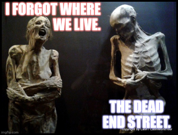 *groans* | I FORGOT WHERE
WE LIVE. THE DEAD END STREET. | image tagged in talking mummies,memes,happy halloween | made w/ Imgflip meme maker