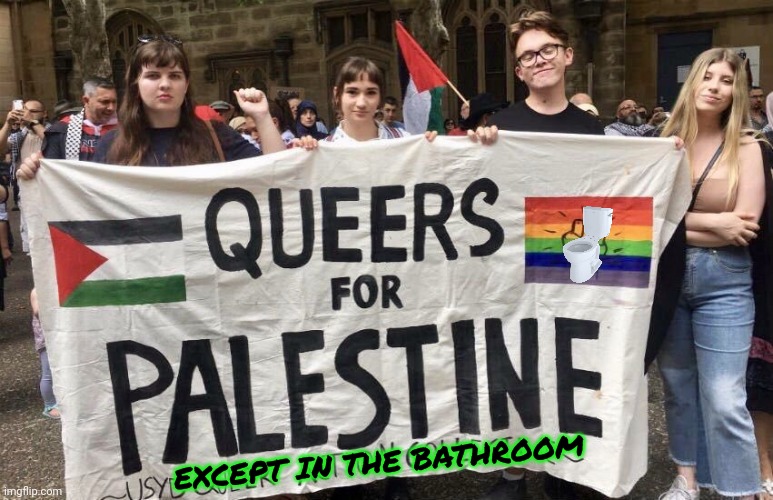 Queers For Palestine | EXCEPT IN THE BATHROOM | image tagged in queers for palestine | made w/ Imgflip meme maker