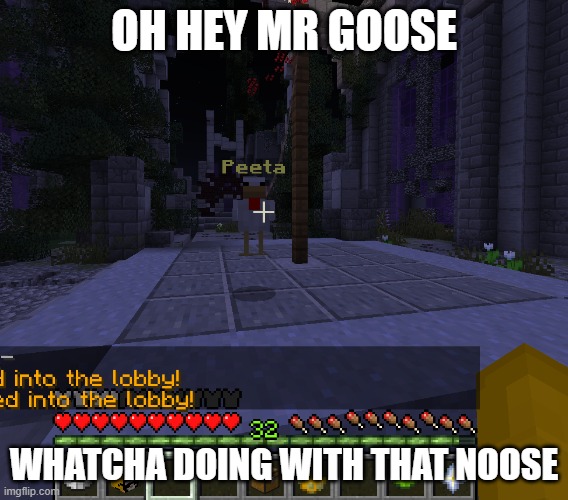 I found this in the Hypixel lobby...creepy... | OH HEY MR GOOSE; WHATCHA DOING WITH THAT NOOSE | image tagged in hunger games,the hunger games,minecraft,hypixel | made w/ Imgflip meme maker