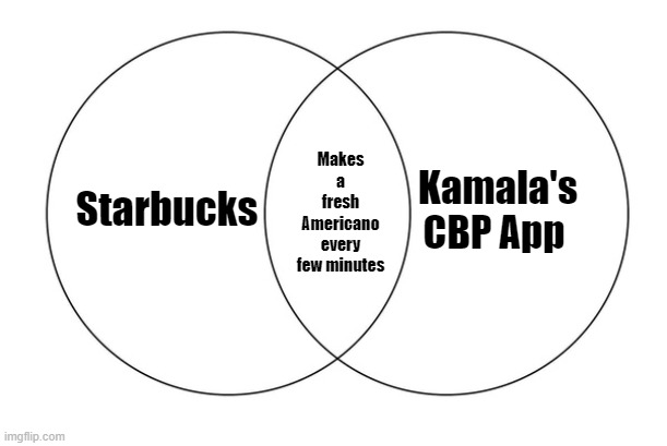 Starbucks vs. Kamala | Kamala's CBP App; Starbucks; Makes a fresh Americano every few minutes | image tagged in venn diagram | made w/ Imgflip meme maker