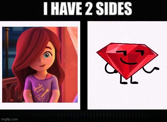 the left side is Paisley from LEGO Friends: The Next Chapter, and the other side is Ruby (BFDI)Ruby | image tagged in i have two sides | made w/ Imgflip meme maker