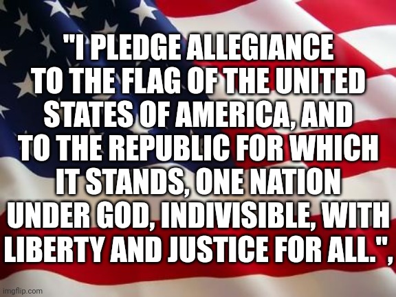 Democracy Not Included | "I PLEDGE ALLEGIANCE TO THE FLAG OF THE UNITED STATES OF AMERICA, AND TO THE REPUBLIC FOR WHICH IT STANDS, ONE NATION UNDER GOD, INDIVISIBLE, WITH LIBERTY AND JUSTICE FOR ALL.", | image tagged in american flag,republic,democracy,the constitution,government,patriotism | made w/ Imgflip meme maker