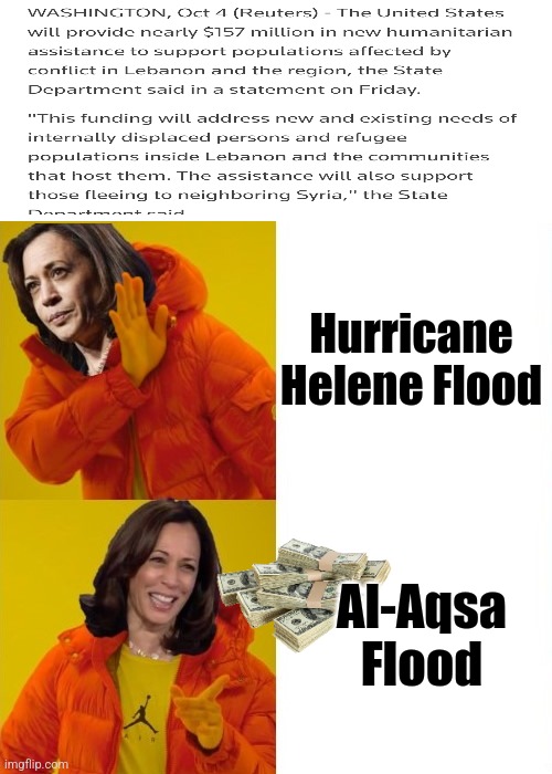 Kamala Harris Hotline Bling | Al-Aqsa Flood; Hurricane Helene Flood | image tagged in kamala harris hotline bling | made w/ Imgflip meme maker