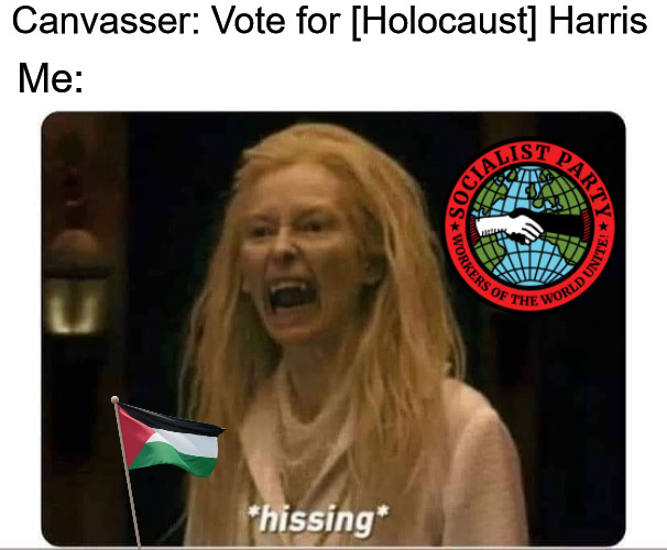 I Don't Vote for Genocide | Canvasser: Vote for [Holocaust] Harris; Me: | image tagged in hissing,holocaust harris,free palestine,socialist party usa,socialist,kamala harris | made w/ Imgflip meme maker