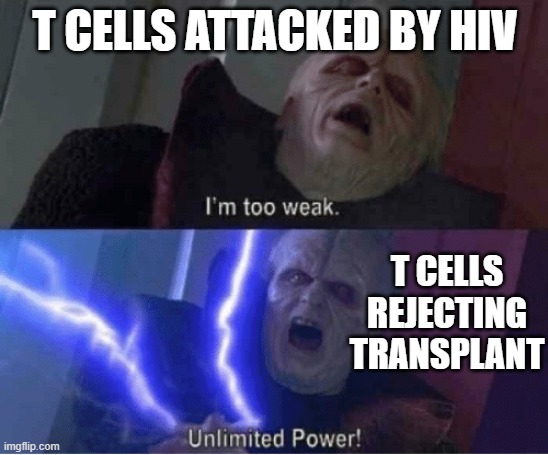 Too weak Unlimited Power | T CELLS ATTACKED BY HIV; T CELLS REJECTING TRANSPLANT | image tagged in too weak unlimited power | made w/ Imgflip meme maker